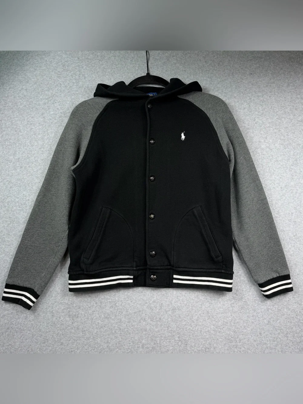 Polo Ralph Lauren Hooded Fleece Varsity Jacket Black Grey Kids Size Large 14/16